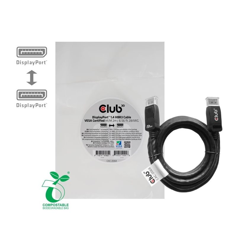 Club 3D DisplayPort 1.4 -näyttökaapeli, HBR3, 2m, musta