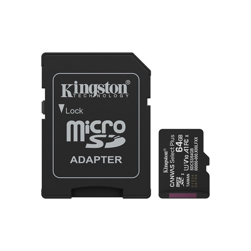 Kingston 64GB Canvas Select Plus, microSDXC -muistikortti, UHS-I V10 U1 A1, 100 MB/s, SD-adapterilla, bulk