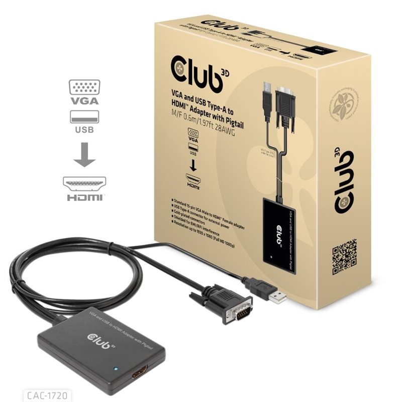 Club 3D VGA + USB-A -> HDMI -sovitin, 0,6m, musta