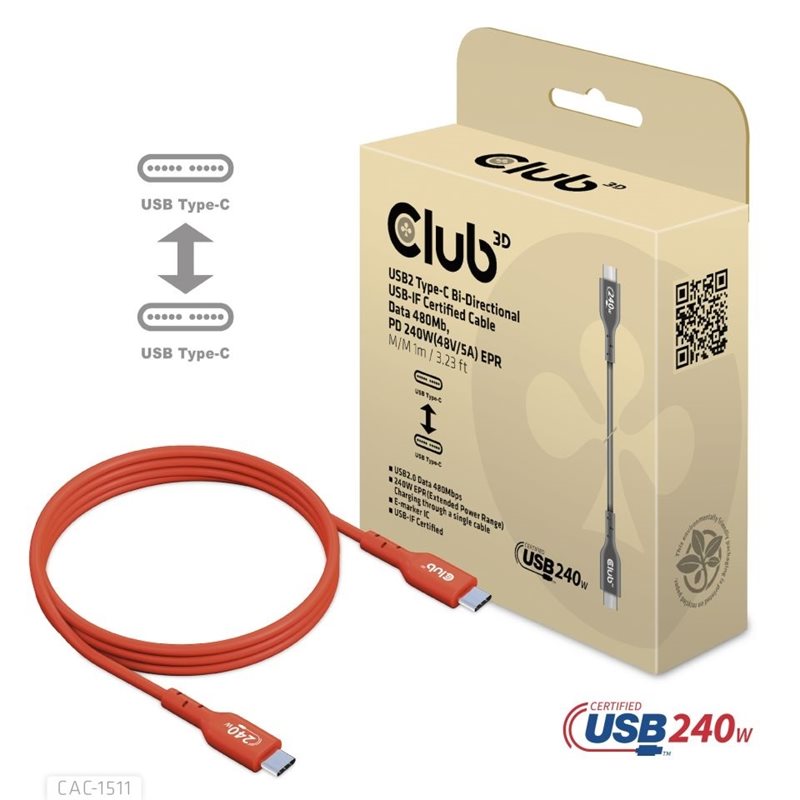 Club 3D 2.0 USB-C -kaapeli, PD3.1 5A 240W, 1m, punainen