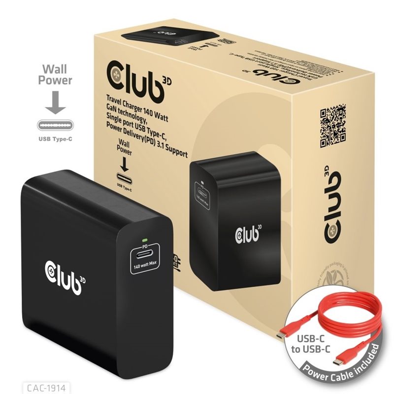 Club 3D 140W GaN-verkkovirtalaturi, USB-C PD3.1, musta