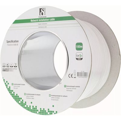 Deltaco U/UTP Cat5e asennuskaapeli, 100m kela, valkoinen