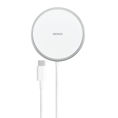 Deltaco 15W langaton Qi + MagSafe-laturi, USB-C, 1m, valkoinen