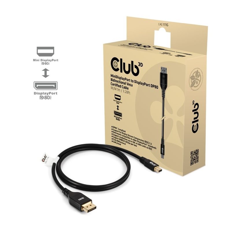 Club 3D Mini DisplayPort 2.1 - DisplayPort 2.1 -näyttökaapeli, DP80, 1m, musta