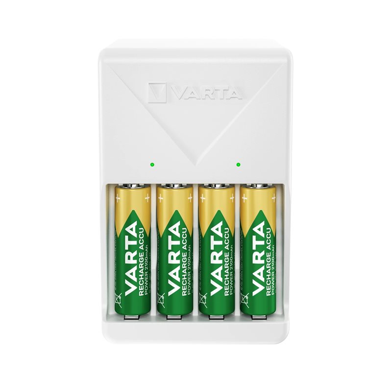 Varta Plug Charger -akkulaturi + 4x AA/LR06 2100mAh akkuparistot, valkoinen