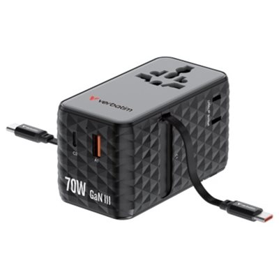 Verbatim 70W GaN-verkkovirtalaturi Charge 'n' Travel, universaali matkasovitin, musta