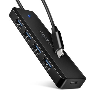 AXAGON 4-porttinen 3.2 Gen1 USB-C -hubi, USB-C lisävirralla, 0,19m, musta