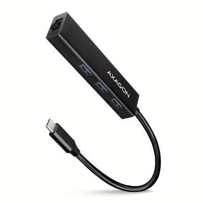 AXAGON 4-porttinen 3.2 Gen1 USB-C -hubi, Gigabit RJ-45, 0,2m, musta