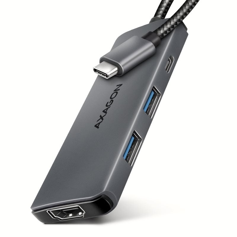 AXAGON 5in1 8K 3.2 Gen 1 USB-C-hubi, HDMI, 1x USB-C, 2x USB-A, PD3.0 5A 100W, 0,15m, harmaa/musta