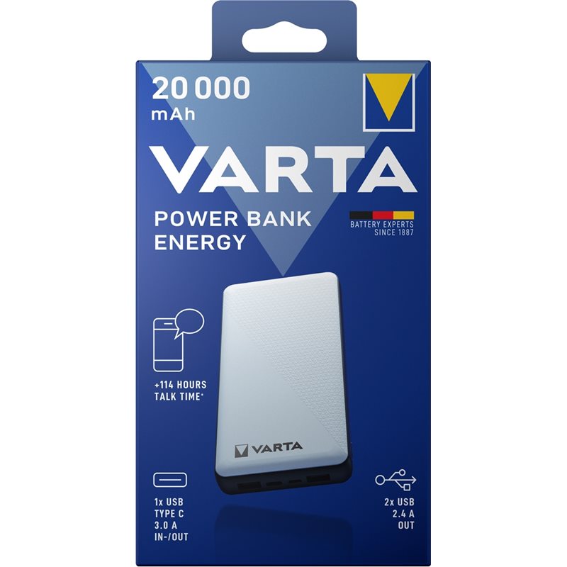 Varta 20 000mAh varavirtalähde, USB-C + 2x USB-A, musta