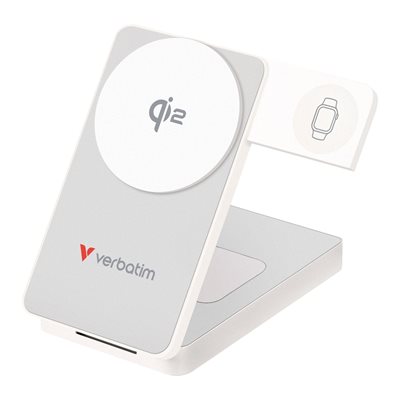 Verbatim 10 000mAh Charge 'n' Go Qi2, varavirtalähde, Magsafe + Watch, USB-C PD 30W, valkoinen