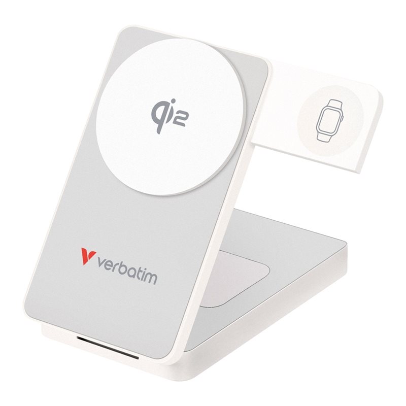 Verbatim 10 000mAh Charge 'n' Go Qi2, varavirtalähde, Magsafe + Watch, USB-C PD 30W, valkoinen