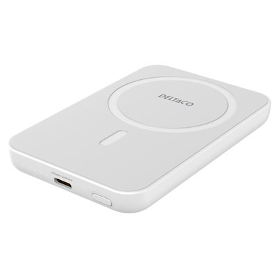 Deltaco 5000 mAh varavirtalähde, langaton MagSafe lataus + USB-C PD 20W, valkoinen