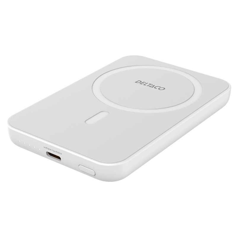 Deltaco 5000 mAh varavirtalähde, langaton MagSafe lataus + USB-C PD 20W, valkoinen
