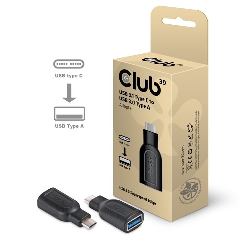 Club 3D 3.1 USB-C - 3.0 USB-A -adapteri, musta