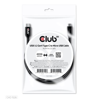 Club 3D 3.2 Gen1 USB-C - Micro-USB -kaapeli, 1m, musta