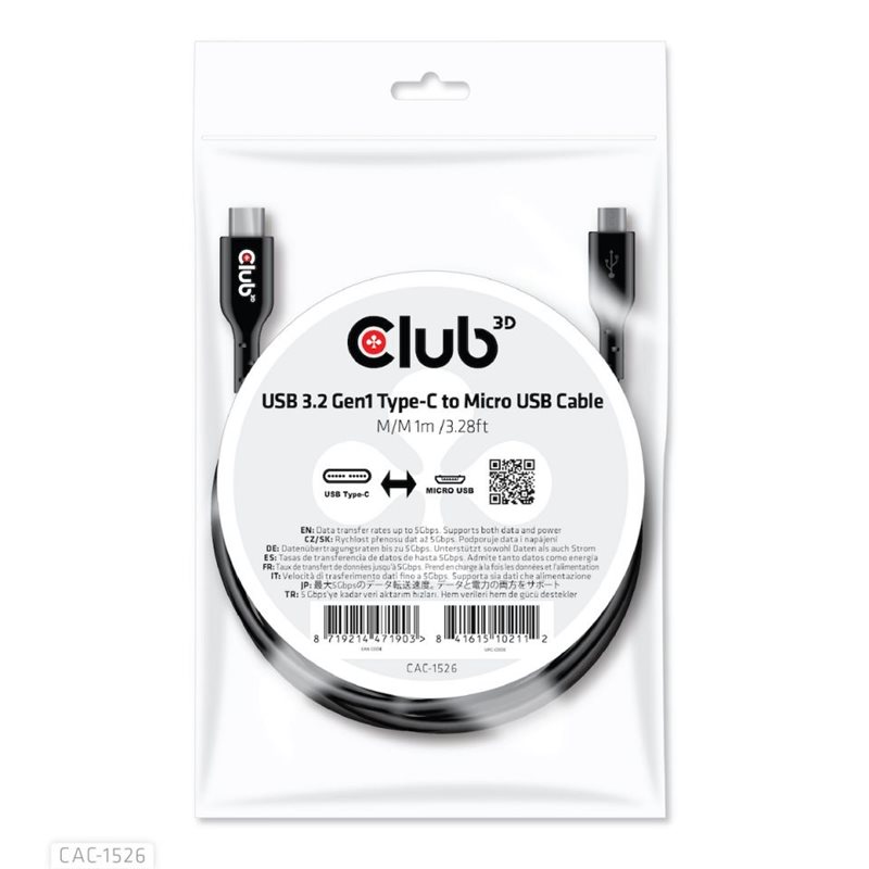 Club 3D 3.2 Gen1 USB-C - Micro-USB -kaapeli, 1m, musta