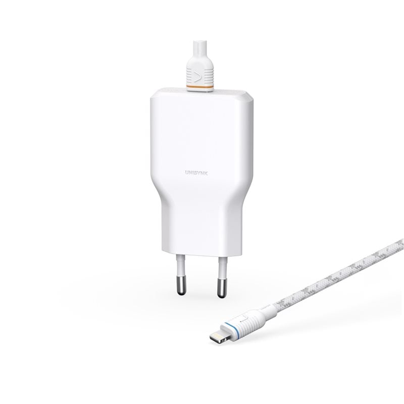 Unisynk 36W GaN -verkkovirtalaturi, USB-C PD ja 2m USB-C-Lightning-kaapeli, valkoinen