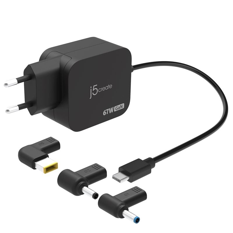 j5create 67W GaN-verkkovirtalaturi, USB-C ja 3x Lenovo/Dell/HP-liitintä, musta