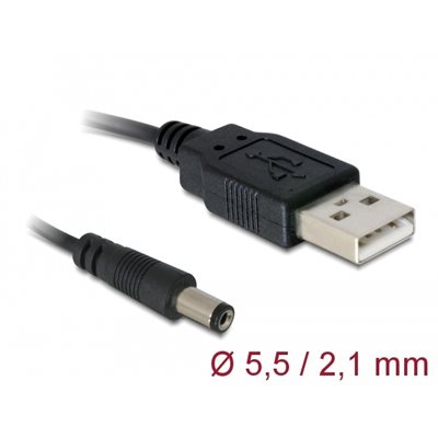 DeLock USB-A ->  DC 5,5 x 2,1 mm uros, 1m, musta