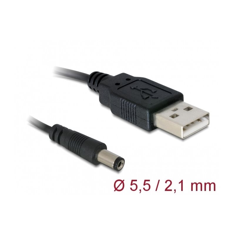 DeLock USB-A ->  DC 5,5 x 2,1 mm uros, 1m, musta