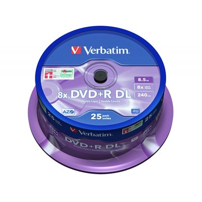 Verbatim DVD+R DL 8,5GB/240min, 8x, spindle, 25kpl