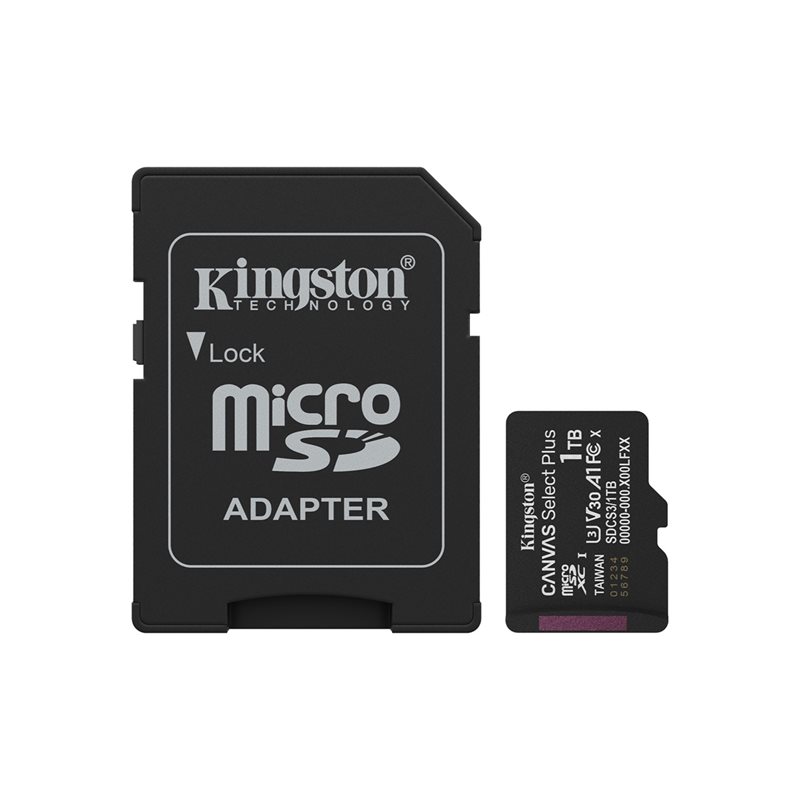 Kingston 1TB Canvas Select Plus, microSDXC -muistikortti, UHS-I V30 U3 A1, 150 MB/s, SD-adapterilla