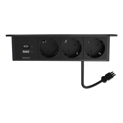 Deltaco Virtapaneeli pöydän alareunaan, 3x Schuko + USB A/C, GST18-liitännällä, musta