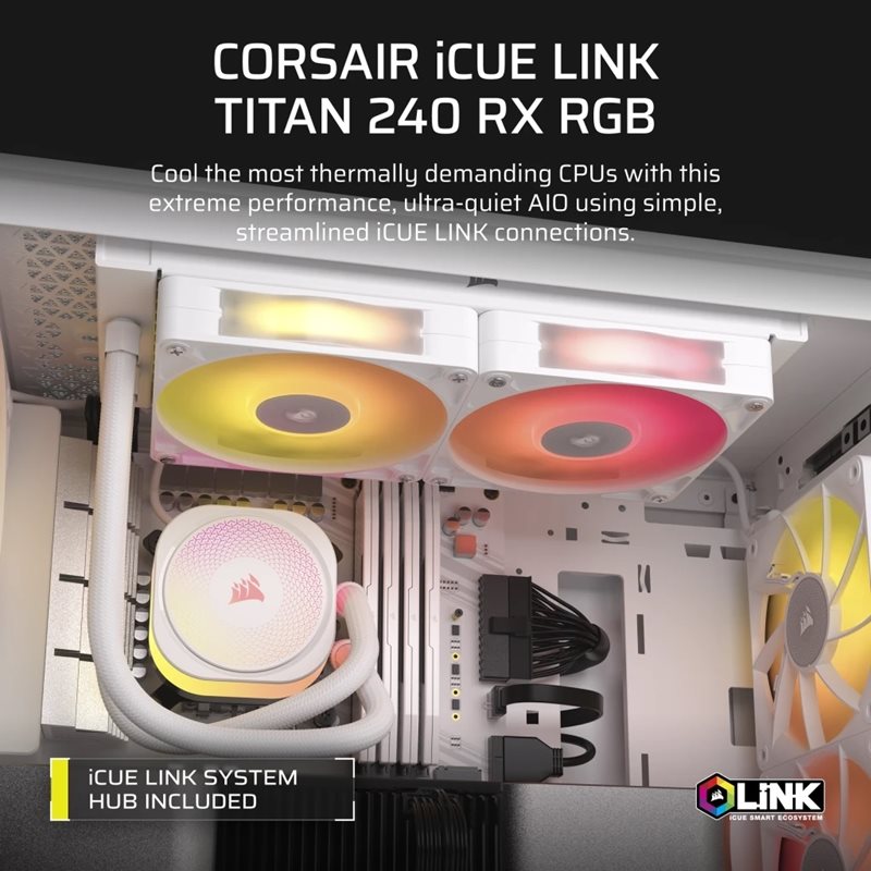 Corsair iCUE LINK TITAN 240 RX RGB, 240mm AIO-nestejäähdytysratkaisu prosessorille, valkoinen - Kuva 2