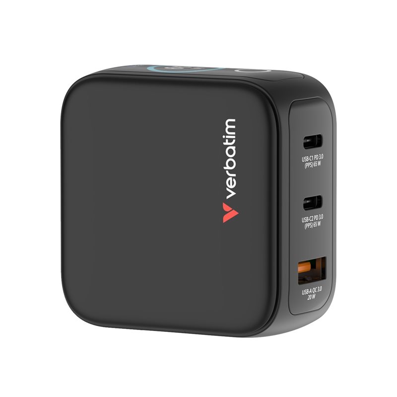 Verbatim 65W GaN-verkkovirtalaturi näytöllä, 2x USB-A, USB-A, musta