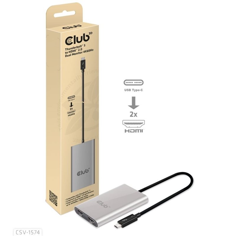 Club 3D Thunderbolt 3 -> 2x HDMI 2.0 -adapteri, hopea