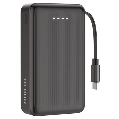 Deltaco 10000 mAh varavirtalähde, kiinteä USB-C-kaapeli + USB-C PD 20W, musta