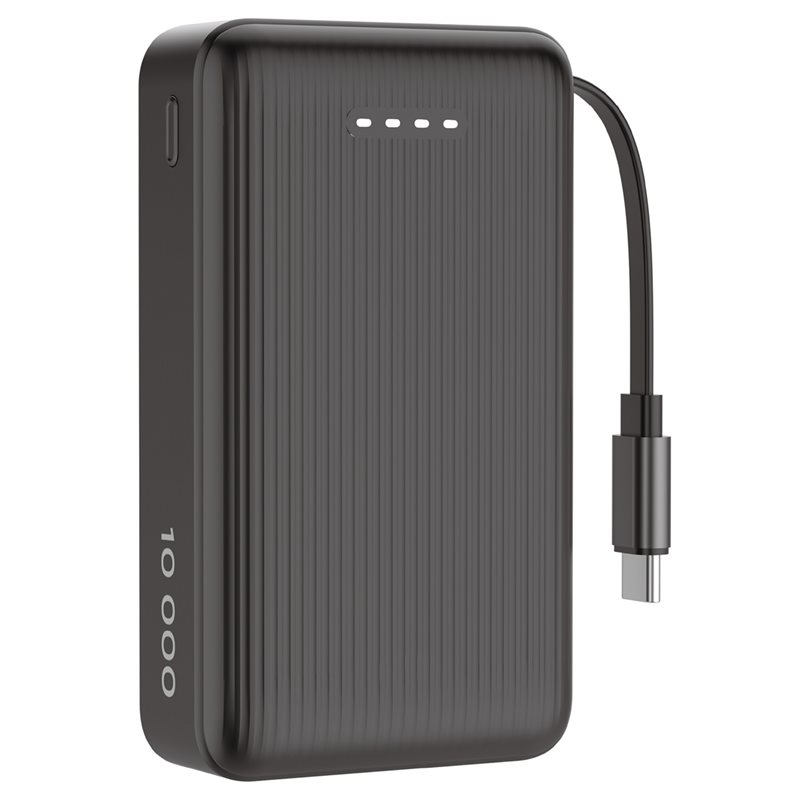 Deltaco 10000 mAh varavirtalähde, kiinteä USB-C-kaapeli + USB-C PD 20W, musta