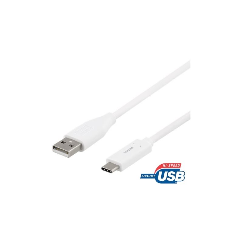 Deltaco 2.0 USB-A - USB-C -kaapeli, 3A, 2m, valkoinen