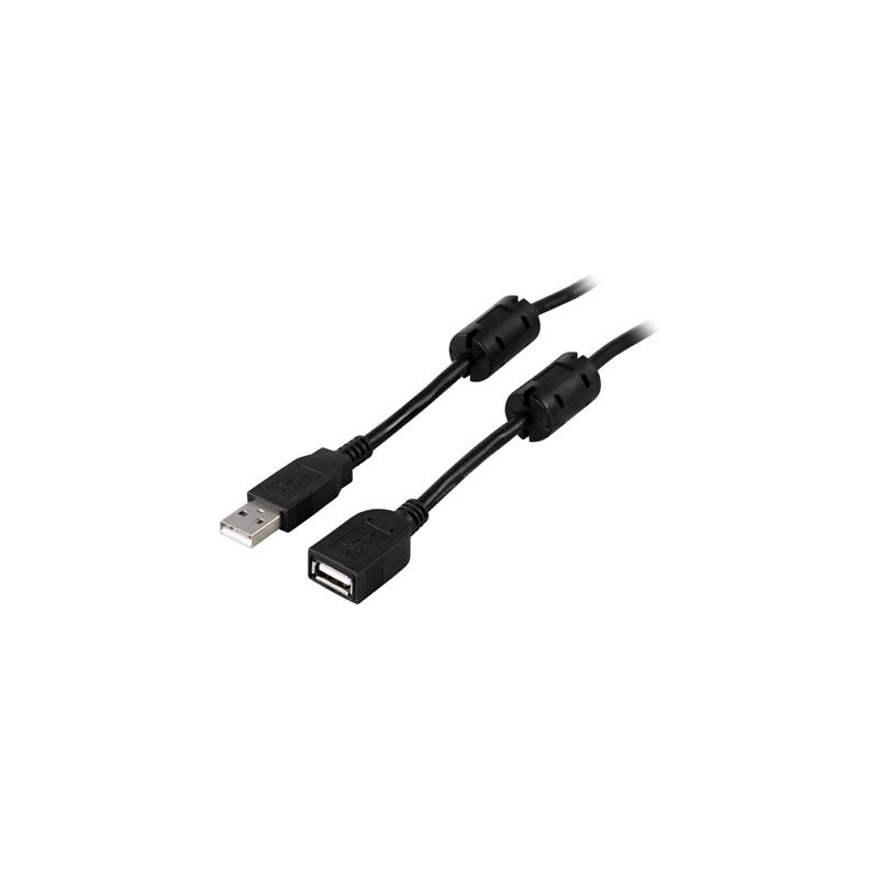 Deltaco 2.0 USB-A -jatkokaapeli, uros-naaras, ferriittiytimet, 2m, musta