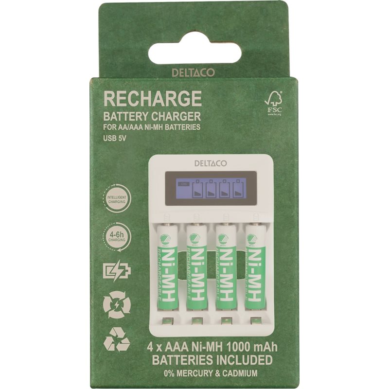 Deltaco USB-A paristolaturi + 4x AAA/LR03 1000mAh ladattavaa paristoa, valkoinen - Kuva 2