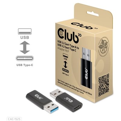 Club 3D 3.2 Gen1 USB-A -> USB-C -adapteri, musta