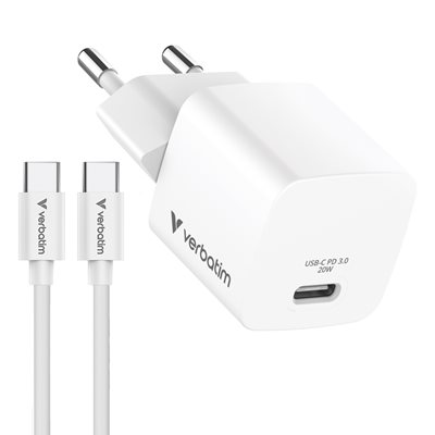 Verbatim 20W Mini GaN-verkkovirtalaturi, USB-C, valkoinen + 1m USB-C-kaapeli