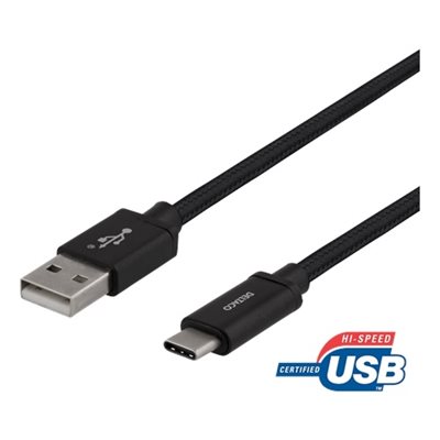 Deltaco 2.0 USB-A - USB-C -kaapeli, punottu, 2m, musta