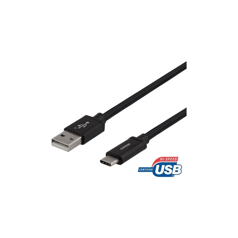 Deltaco 2.0 USB-A - USB-C -kaapeli, punottu, 2m, musta