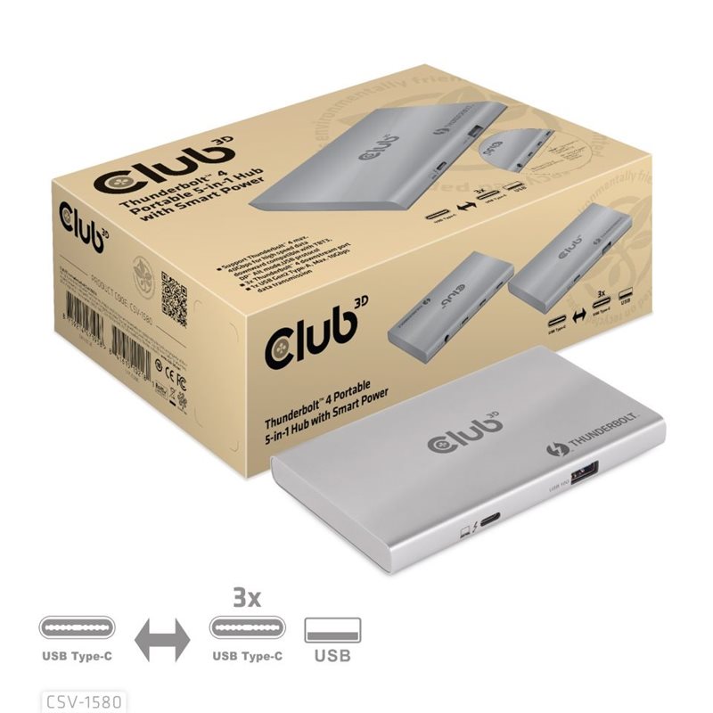 Club 3D Thunderbolt 4 Portable 5-in-1 Hub with Smart Power -telakointiasema, 100W, harmaa (Poistotuote! Norm