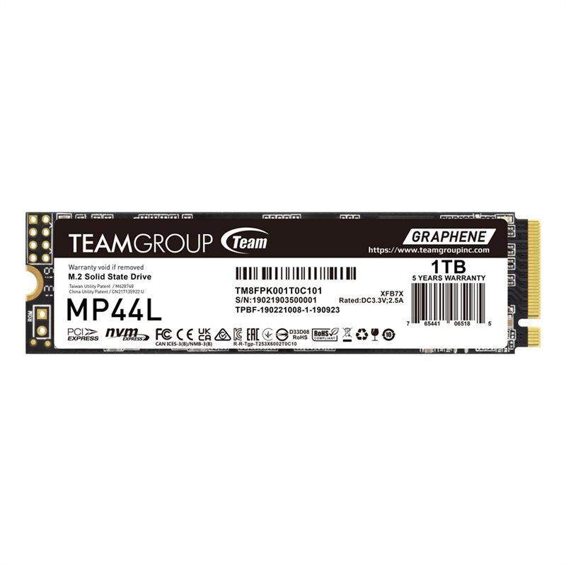 Team Group 1TB MP44L M.2 PCIe SSD-levy, M.2 2280, 5000/4500 MB/s