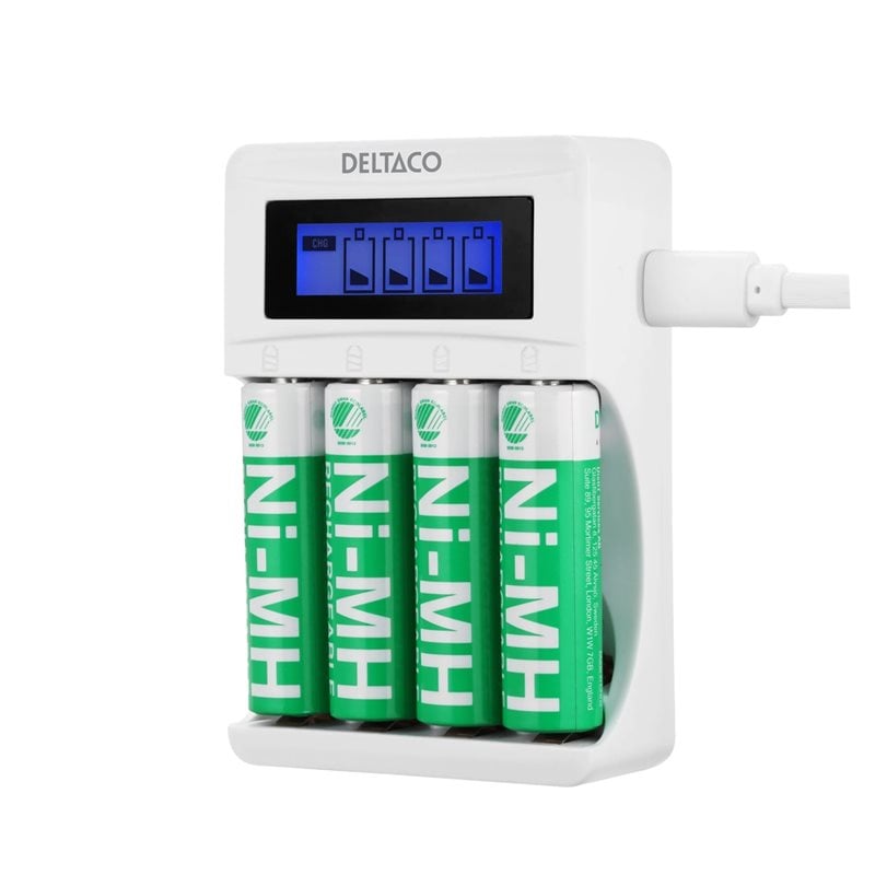 Deltaco USB-A paristolaturi + 4x AA/LR06 2500mAh ladattavaa paristoa, valkoinen