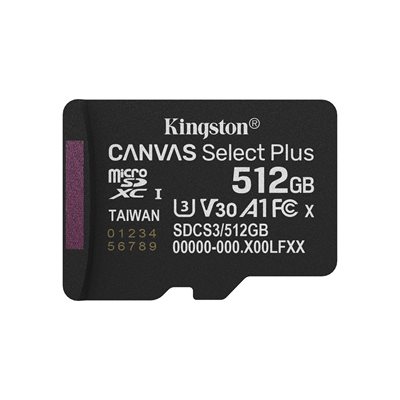 Kingston 512GB Canvas Select Plus, microSDXC -muistikortti, UHS-I V30 U3 A1, 150 MB/s