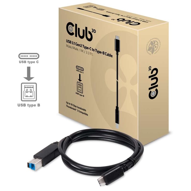 Club 3D 3.1 Gen2 USB-C - USB-B -kaapeli, 1m, musta
