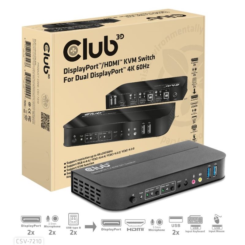 Club 3D (Outlet) DisplayPort/HDMI KVM Switch, KVM-/audiokytkin, musta