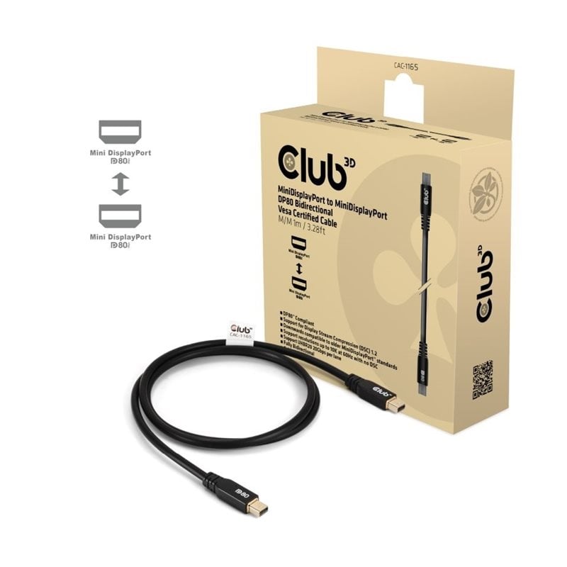 Club 3D Mini DisplayPort 2.1 -näyttökaapeli, DP80, 1m, musta