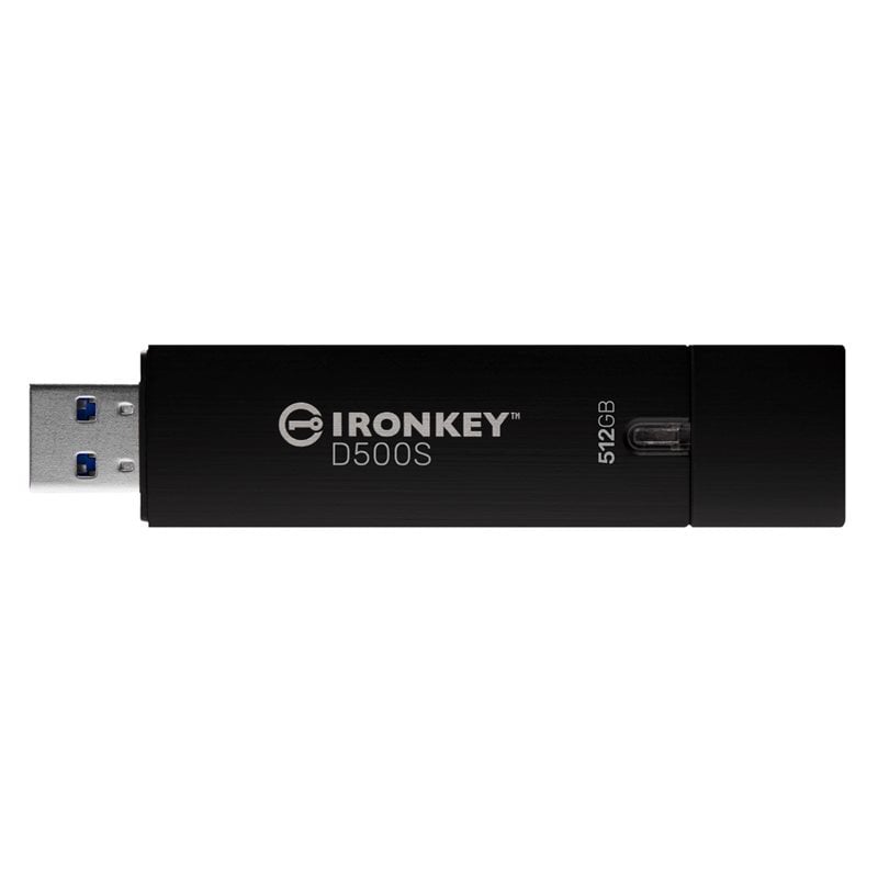 Kingston 512GB IronKey D500S, salattu 3.2 Gen1 USB-A -muistitikku, FIPS 140-3 taso 3 (anottu), musta