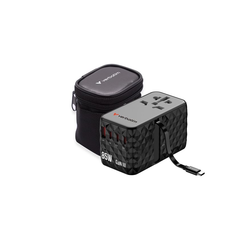 Verbatim Charge 'n' Travel, 85W GaN III universaali matkasovitin, musta