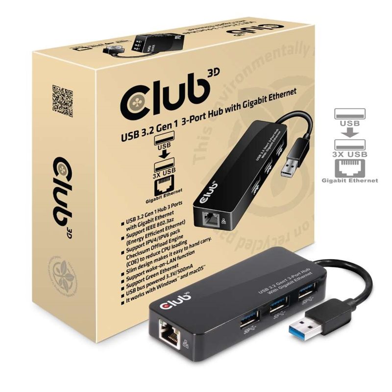 Club 3D 3.2 Gen1 USB-A 3-Ports Hub With Gigabit Ethernet -telakointiasema